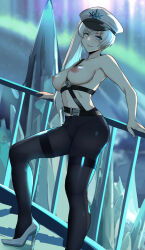 Rule 34 | 1girl, against railing, aurora, belt, between breasts, black belt, black pantyhose, blue eyes, breasts, closed mouth, foot out of frame, hat, high heels, high side ponytail, ice, iceberg, lainart, leaning, long hair, looking at viewer, medium breasts, military hat, military uniform, multiple belts, nipples, pantyhose, peaked cap, railing, rwby, rwby ice queendom, scar, scar across eye, scar on face, sky, smile, snowflake print, solo, strap between breasts, thighband pantyhose, thighs, topless, uniform, v-shaped eyebrows, very long hair, weiss schnee, white hair, white hat