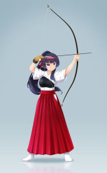Rule 34 | 1girl, absurdres, archery, arrow (projectile), black hair, bow (weapon), brown gloves, character request, closed mouth, commentary request, drawing bow, fukaiton, full body, gloves, gothic wa mahou otome, headband, highres, holding, holding bow (weapon), holding weapon, japanese clothes, kyuudou, legs apart, long hair, muneate, no shoes, partially fingerless gloves, partly fingerless gloves, ponytail, red eyes, reflection, serious, sidelocks, single glove, solo, standing, tabi, weapon, yugake