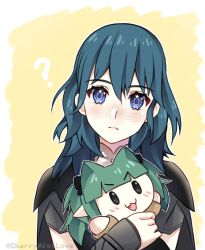 Rule 34 | 1girl, ?, blue eyes, blue hair, byleth (female) (fire emblem), byleth (fire emblem), character doll, cherrymintlove, closed mouth, doll, fire emblem, fire emblem: three houses, holding, holding doll, medium hair, nintendo, simple background, solo, sothis (fire emblem), twitter username, upper body, yellow background