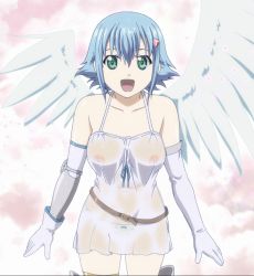 Rule 34 | 1girl, angel, blue hair, breasts, green eyes, highres, nanael (queen&#039;s blade), nipples, no bra, open mouth, panties, queen&#039;s blade, screencap, see-through, short hair, smile, solo, standing, stitched, third-party edit, transparent, underwear, wet, wet clothes, wings
