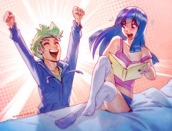 Rule 34 | 1boy, 1girl, bare arms, bare legs, bed, book, closed eyes, crop top, flying sweatdrops, full body, green hair, inanna nakano, long hair, microskirt, midriff, multicolored hair, my little pony, my little pony: friendship is magic, nana nakano, no shoes, on bed, personification, purple hair, scared, sitting, skirt, spike (my little pony), strap slip, streaked hair, tank top, thighhighs, twilight sparkle, white thighhighs