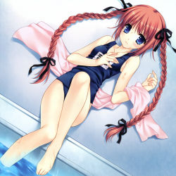 Rule 34 | 00s, 1girl, absurdres, aquarian age, barefoot, blue eyes, braid, feet, highres, one-piece swimsuit, red hair, school swimsuit, solo, swimsuit, toes, towel, twin braids, twintails, wnb mark