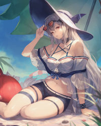 Rule 34 | 1girl, adjusting eyewear, arknights, arm support, bare shoulders, beach umbrella, black shorts, breasts, center opening, cleavage, day, eyewear on head, hand on eyewear, hat, highres, inflatable orca, inflatable toy, long hair, looking at viewer, medium breasts, midriff, navel, off-shoulder shirt, off shoulder, official alternate costume, outdoors, red eyes, shirataki jiro, shirt, short shorts, shorts, silver hair, sitting, skadi (arknights), skadi (waverider) (arknights), solo, stomach, sun hat, sunglasses, sunlight, thigh strap, thighs, umbrella, very long hair, white hat, white shirt, wristband, yokozuwari