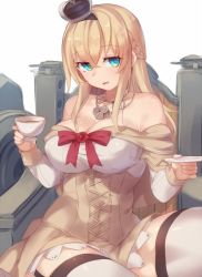 Rule 34 | 10s, 1girl, bad id, bad twitter id, bare shoulders, blonde hair, blue eyes, braid, breasts, cleavage, corset, covered navel, crown, cup, dress, flower, french braid, hair between eyes, hairband, holding, holding cup, jewelry, kantai collection, large breasts, long hair, long sleeves, mini crown, necklace, off-shoulder dress, off shoulder, open mouth, pokoten (pokoten718), red flower, red ribbon, red rose, ribbon, rose, sitting, smile, solo, teacup, throne, warspite (kancolle), white dress, white legwear