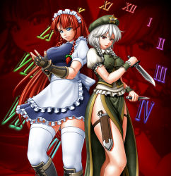 Rule 34 | 2girls, alternate costume, blue eyes, boots, braid, breasts, china dress, chinese clothes, combat knife, cosplay, costume switch, daina rukawa, dress, embodiment of scarlet devil, enmaided, female focus, fingerless gloves, gloves, hat, highres, hong meiling, hong meiling (cosplay), izayoi sakuya, izayoi sakuya (cosplay), knife, large breasts, long hair, maid, maid headdress, multiple girls, red eyes, red hair, short hair, silver hair, thigh strap, thighhighs, throwing knife, touhou, twin braids, weapon, white thighhighs, wrist cuffs, zettai ryouiki, zoom layer