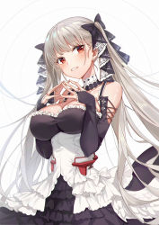 Rule 34 | 1girl, absurdres, almond (artist), azur lane, bare shoulders, between breasts, black dress, blush, breasts, cleavage, dress, earrings, fingers together, formidable (azur lane), frilled dress, frills, grey hair, hair ribbon, highres, jewelry, large breasts, long hair, long sleeves, looking at viewer, partially translated, red eyes, ribbon, rigging, smile, solo, translation request, twintails, two-tone dress, two-tone ribbon, very long hair