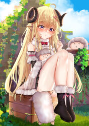 Rule 34 | 1girl, absurdres, ahoge, animal ears, black footwear, blonde hair, blue sky, blush, boots, cloud, dress, fur-trimmed boots, fur-trimmed dress, fur trim, hair ornament, hairpin, highres, hololive, horns, long hair, looking at viewer, open mouth, purple eyes, sheep ears, sheep girl, sheep horns, sky, tsunomaki watame, tsunomaki watame (1st costume), virtual youtuber, watamate, white dress, zserty555