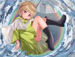 Rule 34 | 1girl, absurdres, black footwear, blonde hair, boots, closed mouth, full body, haru yu, highres, holding, holding umbrella, looking at viewer, original, purple eyes, rainbow, raincoat, rubber boots, short hair, smile, transparent, transparent umbrella, umbrella, v-shaped eyebrows