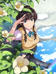 Rule 34 | 1girl, absurdres, amagami, black hair, blue bow, blue bowtie, blue eyes, blue sky, blush, bow, bowtie, breasts, brown footwear, brown hair, cloud, collared shirt, commentary request, day, dew drop, drill hair, flower, flower request, from above, grey skirt, hairband, highres, kibito high school uniform, large breasts, loafers, long hair, looking at viewer, morishima haruka, outdoors, pleated skirt, puddle, rainbow, ranmaru (jackpot 1123), reflection, school uniform, shirt, shoes, short sleeves, sidelocks, skirt, sky, smile, solo, sweater vest, water drop, white shirt