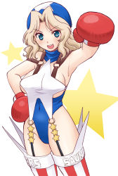 Rule 34 | 1girl, arm up, bandana, blonde hair, blue bandana, blue eyes, blue headwear, blue leotard, boxing gloves, breasts, clothes writing, commentary, cosplay, covered navel, cowboy shot, girls und panzer, hair intakes, hand on own hip, highleg, highleg leotard, highres, justice gakuen, kay (girls und panzer), large breasts, leotard, long hair, looking at viewer, o-ring, open mouth, red thighhighs, smile, solo, standing, star (symbol), striped clothes, striped thighhighs, thighhighs, tiffany lords, tiffany lords (cosplay), uona telepin, vertical-striped clothes, vertical-striped thighhighs, white leotard
