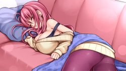 Rule 34 | 1girl, ass, bare shoulders, blanket, blush, breasts, brown pantyhose, cleavage, couch, closed eyes, huge breasts, long hair, lying, miki purasu, off shoulder, on side, pantyhose, parted lips, pillow, pink hair, sleeping, solo, strap slip, sweater