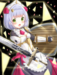 Rule 34 | 1girl, apron, armor, armored dress, ascot, belt, blunt bangs, braid, breasts, cleavage, commentary request, detached collar, fighting stance, gauntlets, genshin impact, green eyes, hair ornament, highres, holding, holding sword, holding weapon, long sleeves, looking at viewer, maid, maid apron, maid headdress, noelle (genshin impact), shield, short hair, sidelocks, silver hair, single braid, solo, sword, v-shaped eyebrows, weapon, yoboshi