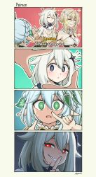 Rule 34 | 3girls, 4koma, bare shoulders, blonde hair, braid, bright pupils, closed eyes, closed mouth, comic, cross-shaped pupils, dress, english text, evil grin, evil smile, finger frame, finger to mouth, flower, genshin impact, green eyes, green hair, grey hair, grin, hair between eyes, hair flower, hair ornament, highres, leaf hair ornament, long hair, long sleeves, looking at viewer, lumine (genshin impact), multiple girls, nahida (genshin impact), open mouth, paimon (genshin impact), pas (paxiti), pointy ears, red eyes, short hair with long locks, shushing, side ponytail, smile, symbol-shaped pupils, white dress