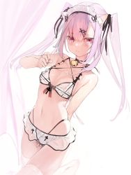 Rule 34 | 1girl, animal ear fluff, animal ears, bare arms, bare shoulders, bell, black choker, black ribbon, blush, bow, bow bra, bra, breasts, choker, closed mouth, collarbone, commentary request, curtains, frills, hair between eyes, hair ornament, hair ribbon, hand up, highres, jingle bell, looking at viewer, navel, neck bell, original, panties, pink hair, purple eyes, ribbon, see-through, skindentation, small breasts, solo, striped clothes, striped panties, thighhighs, twintails, underwear, vertical-striped clothes, vertical-striped panties, watarumi, white background, white thighhighs