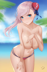 Rule 34 | 1girl, asymmetrical hair, beach, bikini, bikini bottom only, bikini tan, blue eyes, blue sky, blurry, blurry background, breasts, bun cover, cleavage, cloud, convenient censoring, covering privates, covering breasts, covering nipples, cowboy shot, day, embarrassed, fate/grand order, fate (series), hair bun, highres, large breasts, leaning forward, miyamoto musashi (fate), miyamoto musashi (fate/grand order), miyamoto musashi (swimsuit berserker) (fate), miyamoto musashi (swimsuit berserker) (second ascension) (fate), ocean, palms, single hair bun, single sidelock, sky, smiley face, solo, standing, swept bangs, swimsuit, tan, tanline, topless, wei xiao