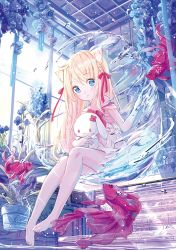 Rule 34 | 1girl, :o, animal, animal ear fluff, animal ears, bare shoulders, barefoot, blonde hair, blue eyes, blue flower, blush, bow, braid, cat ears, collarbone, commentary request, day, dress, fish, flower, flower pot, full body, hair bow, highres, hydrokinesis, indoors, long hair, looking at viewer, off-shoulder dress, off shoulder, original, parted lips, peas (peas0125), plant, potted plant, red bow, solo, stuffed animal, stuffed rabbit, stuffed toy, vase, very long hair, water, white dress, window