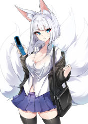 Rule 34 | 1girl, animal ear fluff, animal ears, azur lane, bag, black thighhighs, blue eyes, breasts, cardigan, cellphone, cleavage, collared shirt, commentary request, contemporary, cowboy shot, eyeliner, eyeshadow, flip phone, fox ears, fox tail, highres, kaga (azur lane), large breasts, looking at viewer, luse maonang, makeup, multiple tails, no bra, off shoulder, parted lips, partially unbuttoned, phone, pleated skirt, shirt, short hair, shoulder bag, simple background, skirt, solo, tail, thighhighs, tote bag, white background, white hair, zettai ryouiki