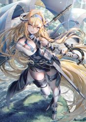 Rule 34 | 1girl, :d, absurdly long hair, arknights, arm strap, bare shoulders, black skirt, blonde hair, blue eyes, blue hairband, boots, breasts, commentary, elbow gloves, flag, gloves, hair between eyes, hairband, highres, holding, holding sword, holding weapon, horns, large breasts, long hair, looking at viewer, open mouth, pointy ears, pouch, saileach (arknights), scabbard, sheath, shirt, skirt, smile, solo, sword, tarutaru yamaoka, thighhighs, twisted torso, very long hair, weapon, white shirt, white thighhighs, zettai ryouiki