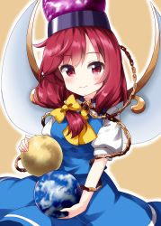 Rule 34 | 1girl, ascot, blue dress, bow, closed mouth, collared shirt, cosplay, daiyousei, daiyousei (cosplay), dress, earth (ornament), fairy wings, hair bow, hecatia lapislazuli, highres, looking at viewer, medium hair, moon (ornament), puffy short sleeves, puffy sleeves, red eyes, red hair, ruu (tksymkw), shirt, short sleeves, side ponytail, simple background, smile, solo, touhou, wings, yellow ascot, yellow background, yellow bow