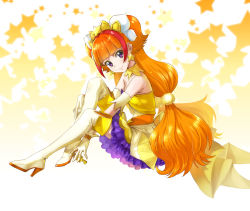 Rule 34 | 1girl, amanogawa kirara, bare shoulders, boots, choker, cure twinkle, earrings, go! princess precure, high heels, highres, jewelry, long hair, magical girl, orange hair, precure, purple eyes, red hair, sitting, solo, star (symbol), star earrings, starry background, thigh boots, thighhighs, tiara, twintails, very long hair, yone