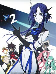 Rule 34 | 3boys, 3girls, black eyes, blue hair, commentary, copyright name, english commentary, forehead jewel, green hair, long hair, looking at viewer, manami saito, multiple boys, multiple girls, official art, pale skin, pink hair, pointing, pointing up, sol cresta, twintails