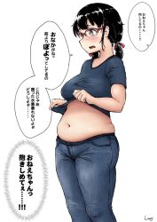 Rule 34 | 1girl, belly, black hair, blouse, blue shirt, blush, breasts, brown eyes, clothes lift, glasses, highres, medium breasts, midriff, muffin top, navel, open mouth, plump, pocket, shigekikkusu, shirt, shirt lift, solo, standing, translation request, v-neck, white background