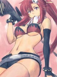 Rule 34 | 00s, 1girl, bikini, bikini top only, breasts, curvy, elbow gloves, fumio (rsqkr), gloves, gun, large breasts, long hair, ponytail, red hair, rifle, scarf, short shorts, shorts, sniper rifle, solo, striped clothes, striped scarf, swimsuit, tengen toppa gurren lagann, thighhighs, underboob, weapon, yoko littner
