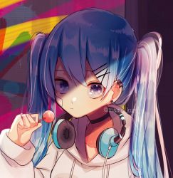 Rule 34 | artist name, bandage on face, bandages, beige hoodie, beige sweater, blue hair, candy, clenched hand, collar, commentary, earpiece, earrings, food, hair ornament, hairclip, hatsune miku, headphones, headphones around neck, holding, holding candy, holding food, holding lollipop, hood, hooded sweater, hoodie, jewelry, lollipop, long hair, looking at viewer, mame kuri, multicolored background, purple eyes, serious, shiny clothes, shiny skin, sparkling eyes, sweater, twintails, very long hair, vocaloid