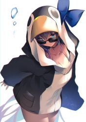 Rule 34 | 1girl, absurdly long hair, animal costume, animal hood, arched back, arms at sides, blue bow, blue choker, blue eyes, blue ribbon, blurry, bow, breasts, choker, collarbone, commentary request, cowboy shot, depth of field, dress, eyelashes, fate/grand order, fate (series), glasses, hair between eyes, highres, hood, hood up, long hair, looking at viewer, looking over eyewear, looking over glasses, meltryllis, meltryllis (fate), meltryllis (swimsuit lancer) (fate), meltryllis (swimsuit lancer) (first ascension) (fate), penguin costume, penguin hood, ribbon, short dress, sidelocks, signature, sleeves past fingers, sleeves past wrists, small breasts, solo, sunglasses, thighs, tinted eyewear, very long hair, white background, zizero