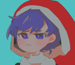 Rule 34 | 1girl, :&lt;, aqua background, blue eyes, blue hat, closed mouth, doremy sweet, hat, lowres, minamia23, nightcap, red hat, short hair, solo, touhou, upper body