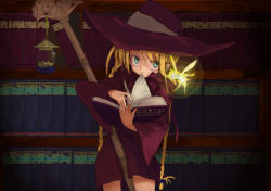 Rule 34 | 1girl, aqua eyes, argonauts gemini, blonde hair, book, bookshelf, braid, cowboy shot, cropped legs, dress, enchi, fairy, female focus, glowing, hat, holding, holding book, indoors, lantern, library, long hair, long sleeves, looking at viewer, magician, open book, short dress, solo, staff, twin braids, wide sleeves, witch hat