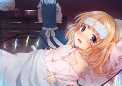 Rule 34 | 2girls, apron, blonde hair, commentary request, flandre scarlet, highres, indoors, izayoi sakuya, long sleeves, looking at viewer, lying, miri (miri0xl), multiple girls, off shoulder, pajamas, pillow, red eyes, sick, sweat, thermometer, touhou, towel, towel on head, under covers, waist apron, wings