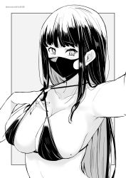 Rule 34 | 1girl, bikini, blush, breasts, collarbone, dated, grey background, greyscale, highres, kichihachi, large breasts, long hair, looking at viewer, mask, mole, mole on breast, monochrome, mouth mask, original, selfie, simple background, solo, swimsuit, twitter username, two-tone background, upper body, white background