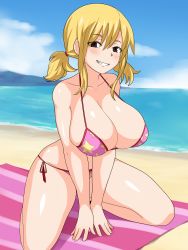 Rule 34 | 1girl, absurdres, beach, bikini, blonde hair, breasts, brown eyes, cleavage, fairy tail, grin, highres, huge breasts, large breasts, lucy heartfilia, pink bikini, seashore, shiny skin, short twintails, side-tie bikini bottom, smile, solo, star (symbol), star print, swimsuit, twintails