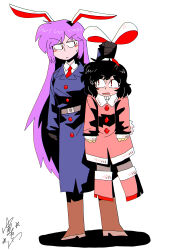 Rule 34 | 2girls, absurdres, alternate costume, animal ears, belt, black gloves, black hair, blue coat, blush, boots, breasts, brown belt, brown pantyhose, buttons, coat, collared shirt, commentary request, flat chest, full body, gloves, grabbing another&#039;s ear, hand on another&#039;s ear, highres, inaba tewi, long hair, long sleeves, looking at another, medium breasts, multiple girls, necktie, open mouth, pantyhose, pink coat, pink footwear, rabbit ears, rabbit girl, rabbit tail, red eyes, red necktie, reisen udongein inaba, shirt, short hair, signature, simple background, standing, tail, touhou, very long hair, white background, white shirt, yumemizawazawa