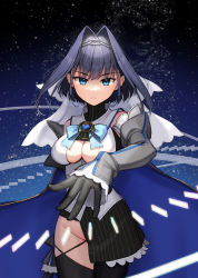 Rule 34 | 1girl, black skirt, black thighhighs, blue bow, blue cape, blue eyes, blue hair, bow, bow earrings, breasts, cape, cleavage cutout, closed mouth, clothing cutout, commentary, commentary request, cowboy shot, detached sleeves, earrings, english commentary, frown, grey sleeves, groin, hair intakes, hairband, hand up, highres, hololive, hololive english, jewelry, kep (ahokep), large breasts, long sleeves, looking at viewer, mixed-language commentary, no panties, ouro kronii, ouro kronii (1st costume), outstretched arm, shirt, short hair, skirt, sky, sleeveless, sleeveless shirt, sleeves past wrists, solo, standing, star (sky), starry sky, striped clothes, striped skirt, thighhighs, vertical-striped clothes, vertical-striped skirt, virtual youtuber, white shirt