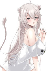 Rule 34 | 1girl, :o, absurdres, ahoge, animal ears, bare shoulders, black eyes, black nails, blush, breasts, claw pose, commentary, cowboy shot, ear piercing, fang, grey hair, hair between eyes, highres, hololive, large breasts, lion ears, lion girl, lion tail, long hair, looking at viewer, nail polish, nerorigogo, no bra, off-shoulder shirt, off shoulder, official alternate costume, open mouth, piercing, shirt, shishiro botan, shishiro botan (casual), short sleeves, simple background, solo, tail, virtual youtuber, white background, white shirt