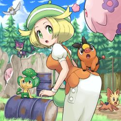 Rule 34 | 1girl, :d, :o, animal, animal on back, bag, bianca (pokemon), blonde hair, blue sky, breasts, cloud, creatures (company), day, drum (container), eye contact, fence, flying, game freak, gen 5 pokemon, grass, green eyes, green hat, handbag, hat, leaning forward, lillipup, looking at another, looking back, munna, musharna, nintendo, open mouth, outdoors, pansage, pidove, pokemoa, pokemon, pokemon (creature), pokemon bw, puffy short sleeves, puffy sleeves, purrloin, revision, rock, short sleeves, skirt, sky, smile, tepig, tree, white wristband, wristband