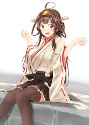 Rule 34 | absurdres, ahoge, bare shoulders, boots, brown hair, detached sleeves, double bun, hair bun, hairband, headgear, highres, japanese clothes, kantai collection, kongou (kancolle), kongou kai ni (kancolle), long hair, nontraditional miko, open mouth, ribbon-trimmed sleeves, ribbon trim, sitting, skirt, solo, taka-chan, thigh boots, thighhighs