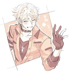 Rule 34 | 1boy, :d, ^ ^, blush, brown background, closed eyes, collar, collarbone, cropped torso, fang, fushimi gaku, gloves, hair between eyes, hand up, jacket, long hair, long sleeves, low ponytail, male focus, mole, mole under eye, monochrome, nijisanji, open clothes, open jacket, open mouth, outline, partially fingerless gloves, ponytail, shikino yuki, shirt, smile, solo, translation request, two-tone background, upper body, virtual youtuber, white background, white outline