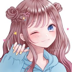 Rule 34 | 1girl, artist name, blue eyes, blue hoodie, blush, brown hair, closed mouth, commentary request, double bun, ginniroya, hair bun, hair ornament, highres, hood, hoodie, long hair, long sleeves, looking at viewer, one eye closed, original, simple background, smile, solo, star (symbol), star hair ornament, twitter username, upper body, watermark, white background