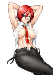 Rule 34 | 1girl, abs, armpits, arms behind head, arms up, bang-you, blue eyes, breasts, denim, female focus, jeans, large breasts, midriff, muscular, navel, necktie, nipples, open clothes, open shirt, pants, red hair, see-through, shiny skin, shirt, short hair, simple background, snk, solo, the king of fighters, unzipped, vanessa (kof)