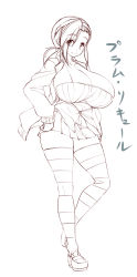 Rule 34 | 1girl, borrowed character, breasts, cardigan, character name, curvy, dot nose, eyes visible through hair, female focus, happy, huge breasts, lineart, loafers, looking at viewer, miniskirt, monochrome, muchigaku, nekomamire, original, pleated skirt, plum liqueur, plump, revealing clothes, school uniform, shirt, shoes, simple background, skirt, smile, solo, striped clothes, striped thighhighs, thighhighs, translated, white background, zettai ryouiki