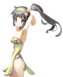 Rule 34 | 1girl, armpits, arms behind head, arms up, ass, bad id, bad pixiv id, black hair, blush, breasts, choker, cleavage, green eyes, hair ornament, hairband, profile, side ponytail, simple background, skinny, solo, staring, tensugi takashi, thighs