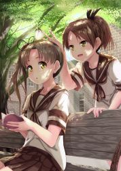 Rule 34 | 10s, 2girls, :o, ayanami (kancolle), bench, blush, book, brown eyes, brown hair, brown skirt, bug, butterfly, butterfly on head, commentary request, dappled sunlight, day, downscaled, hair ribbon, highres, holding, holding book, hopper, insect, kantai collection, light rays, long hair, looking to the side, multiple girls, open book, open mouth, outdoors, pleated skirt, ponytail, resized, revision, ribbon, school uniform, serafuku, shade, shikinami (kancolle), short hair, side ponytail, sitting, skirt, smile, sunlight, tree, tree shade, window