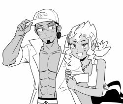 Rule 34 | 1boy, 1girl, abs, bad id, bad twitter id, blush, burnet (pokemon), collarbone, creatures (company), dark skin, dede (qwea 00000), facial hair, game freak, greyscale, hair ornament, hat, holding, holding clothes, holding hat, husband and wife, jewelry, kukui (pokemon), lab coat, looking at another, looking at viewer, monochrome, muscular, muscular male, necklace, nintendo, open clothes, poke ball print, pokemon, pokemon sm, smile