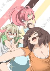 Rule 34 | 3girls, :3, ahoge, anger vein, bad id, bad twitter id, blonde hair, breasts, brown hair, cleavage, clenched teeth, closed eyes, commentary, dress, english commentary, glasses, green eyes, grey eyes, highres, insomnia-chan, kay yu, multiple girls, open mouth, orange shirt, original, paguroidea, pink-haired girl (kay yu), pink hair, ponytail, raglan sleeves, shirt, short hair, short sleeves, smile, star (symbol), sundress, teeth