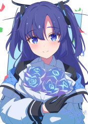 Rule 34 | 1girl, absurdres, aot., black gloves, blue archive, bouquet, closed mouth, collar, dated, flower, gloves, half gloves, halo, happy birthday, highres, holding, holding bouquet, jacket, long hair, long sleeves, looking at viewer, open clothes, open jacket, purple eyes, purple flower, purple hair, simple background, smile, solo, two side up, upper body, white background, white collar, white jacket, yuuka (blue archive)