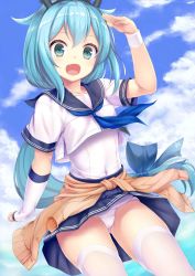 Rule 34 | 1girl, blue bow, blue eyes, blue hair, blue ribbon, blue skirt, blush, bow, clothes around waist, cloud, cloudy sky, collarbone, commentary, covered navel, cowboy shot, crop top, fang, fingerless gloves, gloves, hair bow, hatsuyuki (warship girls r), headband, highres, long hair, looking at viewer, one-piece swimsuit, open mouth, panties, pantyshot, ponytail, ribbon, sailor collar, salute, school swimsuit, school uniform, short sleeves, single glove, skin fang, skirt, sky, smile, solo, standing, swimsuit, swimsuit under clothes, thighhighs, underwear, wagashi (yokotejn), warship girls r, white gloves, white one-piece swimsuit, white panties, white thighhighs, wristband