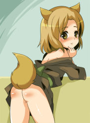 Rule 34 | 1boy, animal ears, ass, bad id, bent over, blush, brown eyes, brown hair, fox ears, kogitsune, looking back, male focus, moko (mocco), natsume yuujinchou, no pants, sandals, short hair, simple background, solo, tail, trap
